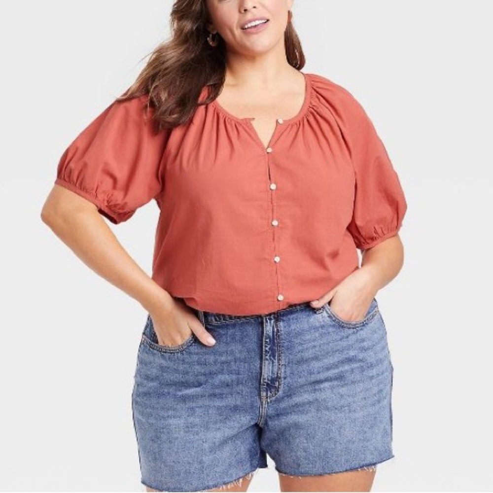 Universal Thread™ Women's Puff Short Sleeve Button-Front Blouse - Rust